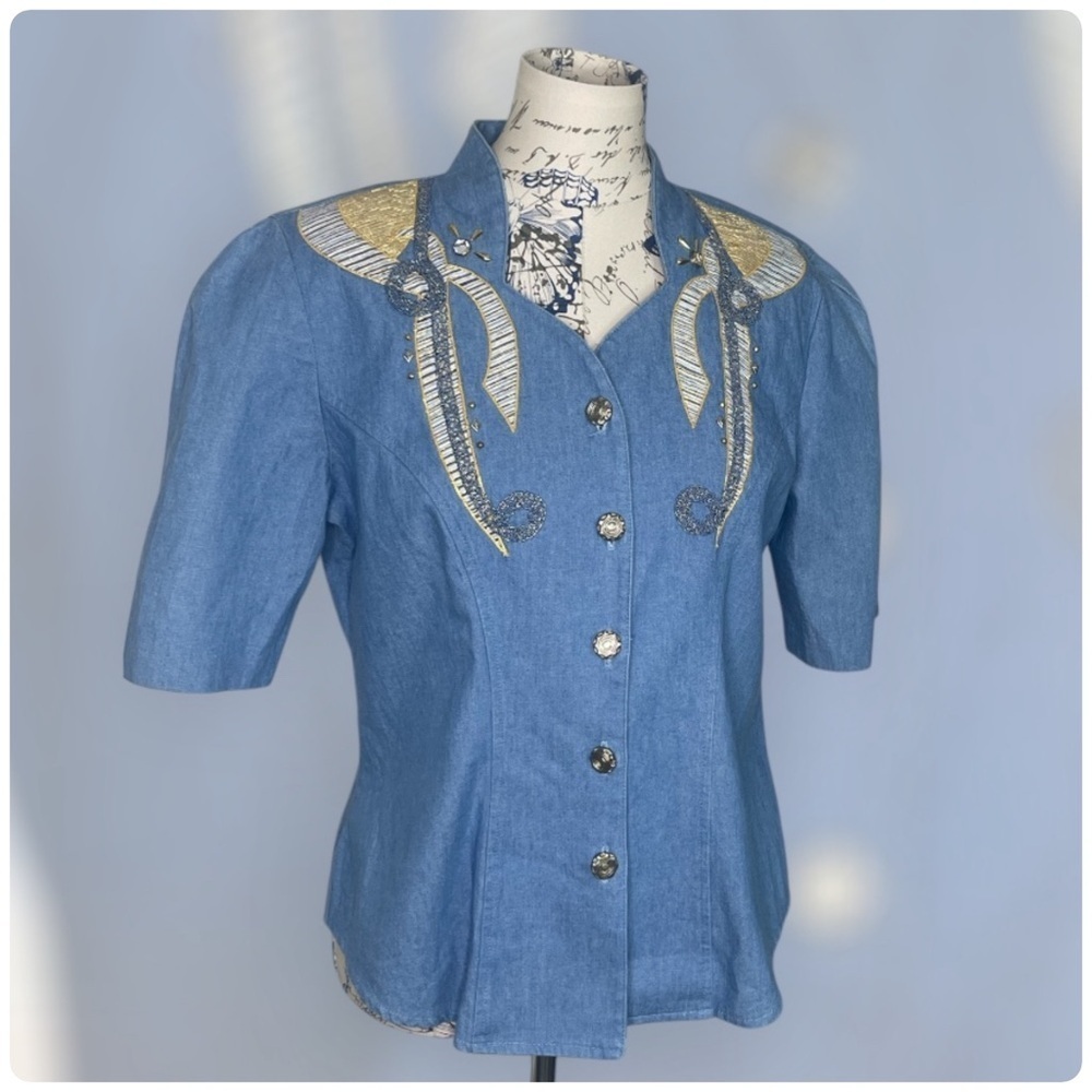 Vintage Blue Denim Button-Up Shirt with Gold Embellishments -10 - Picture 9 of 9